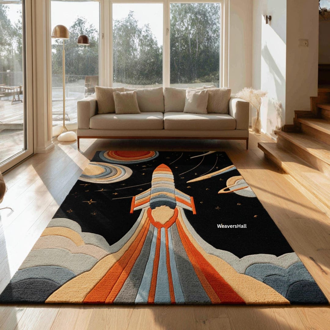 Spacecraft Rug Kids Rocket Ship Rug | Space Theme Area Carpet for Playroom | Galaxy ...