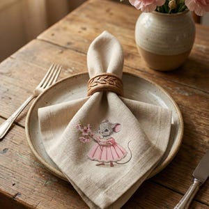 May include: A beige linen napkin featuring an embroidered mouse in a pink dress, held by a wooden leaf-design napkin ring. The napkin sits on a ceramic plate, with a fork and knife on a wooden table. A vase of pink flowers is in the background.