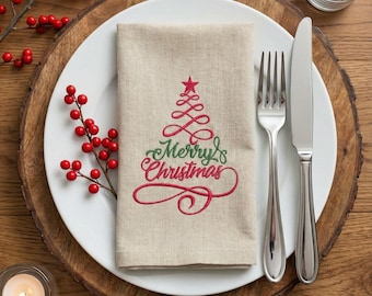 Embroidered Merry Christmas Napkins, Holiday Table Decor - Luxury Linen Tableware Napkins Set