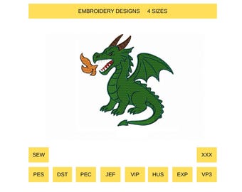 Diseño de bordado de dragón que escupe fuego • Decoración infantil de dibujos animados (descarga digital)