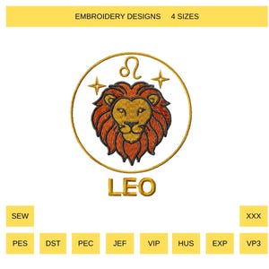 Leo zodiac sign | machine embroidery design | download (digital product) 4 sizes