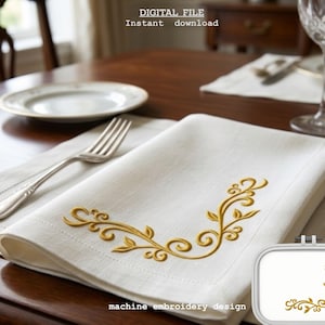 Floral Corner Machine Embroidery Design, Elegant Gold Swirl Embroidery Pattern, Wedding Monogram Border, Curled Vine Ornament Digital File