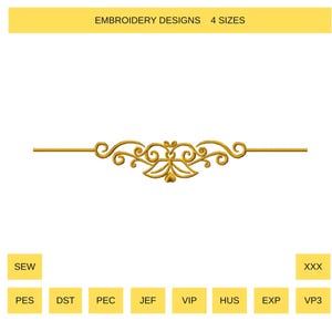 May include: Gold embroidery design with a symmetrical floral and scroll pattern. The design is centered horizontally and includes the text "EMBROIDERY DESIGNS 4 SIZES". Below are file format options: PES, DST, PEC, JEF, VIP, HUS, EXP, VP3, and XXX.