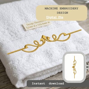 May include: White folded towel with gold embroidery design. The design dimensions are 3.2cm H x 17.65cm W. The image text says "MACHINE EMBROIDERY DESIGN" and "Digital file". The image also says "Instant download".