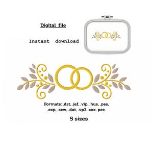 Puede incluir: Un diseño de bordado con dos anillos dorados entrelazados centrados entre ramas de hojas simétricas en oro y marrón claro. La imagen incluye el texto Digital file, Instant download y una lista de formatos: .dst, .jef, .vip, .hus, .pes, .exp, .sew, .dat, .vp3, .xxx, .pec y 5 sizes.