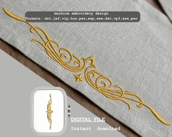 May include: Gold machine embroidery design with scrolling floral and geometric elements. The design is displayed on a gray fabric. The text "machine embroidery design" and "DIGITAL FILE" are visible.