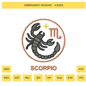 Signo del zodíaco Escorpio / Diseño de bordado a máquina / Descarga (producto digital) 4 tamaños