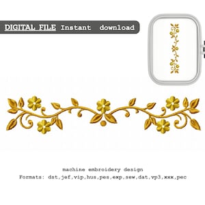 May include: A digital machine embroidery design showing a gold floral border with flowers and leaves. The design is displayed in an embroidery hoop. Text reads "DIGITAL FILE Instant download".