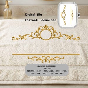 Peut inclure: Une serviette crème avec des broderies dorées. La broderie comprend un motif circulaire avec des accents floraux et un motif rectangulaire. Le texte sur l'image indique "Digital file, Instant download, Machine Embroidery Design."
