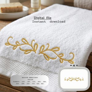 May include: White bath towel with a gold embroidered floral design. The towel has a textured border and the words "Digital file Instant download" are visible. A machine embroidery design is also shown.