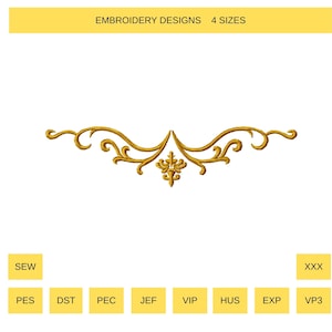 May include: A gold embroidery design with a symmetrical, ornate pattern. The design features scrolling flourishes and a central floral element. The text "EMBROIDERY DESIGNS 4 SIZES" is at the top. Below are format options: SEW, PES, DST, PEC, JEF, VIP, HUS, EXP, and VP3.