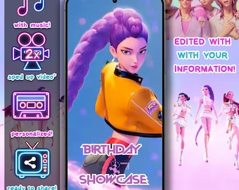 Huntrix K-Pop Birthday Video Invitation, custom Demon Hunters Party Invite, KPop thank you Video included