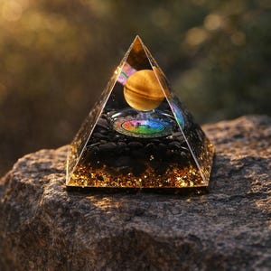 Può includere: Una scultura in resina trasparente a forma di piramide con una sfera dorata e un design circolare colorato all'interno. La base della piramide è nera con scaglie d'oro. La scultura è esposta su una roccia grigia.