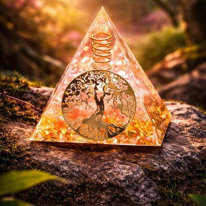 Peut inclure: Une œuvre d'art en résine transparente en forme de pyramide avec des paillettes dorées et un motif d'arbre de vie doré. Une spirale dorée est située au sommet de la pyramide. La pyramide repose sur un rocher moussue dans un cadre forestier.