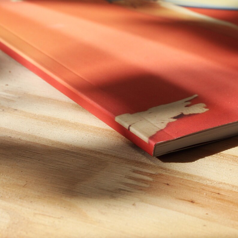 May include: A red book with a gradient cover, on a wooden surface. The book's corner shows exposed cardboard. The cover's colour transitions from dark red to light orange. The book is likely a paperback.