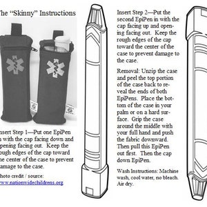 May include: Black and white illustration of instructions for inserting two EpiPens into a black fabric case with a red star of life symbol. The instructions include steps for inserting the EpiPens, removing them, and washing the case. The text includes the website www.nationwidechildrens.org.