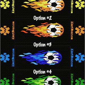 Alert Wear Soccer Ball Case Options. Option #1 Yellow and Orange Flames. Option #2 Red and Orange Flames. Option #3 Blue Flames. Option #4 Green Flames.