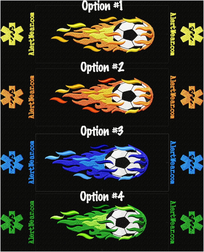 Alert Wear Soccer Ball Case Options. Option #1 Yellow and Orange Flames. Option #2 Red and Orange Flames. Option #3 Blue Flames. Option #4 Green Flames.