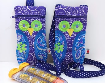 Étui à médicaments isolé, motif hibou violet, étui pour stylos Epi-Pens par Alert Wear