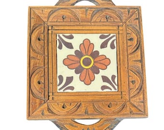 Vintage Hand Carved Wood Trivet with Floral Ceramic Tile Inset and Handles
