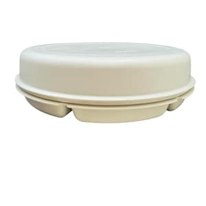 May include: A round, off-white plastic food storage container with a flat, circular lid that fits securely over a shallow base. The base features multiple internal compartments for organizing food items, and the entire unit has a smooth finish.