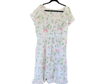 Laura Ashley katoenen nachtjapon XL witte bloemen vogelkanten rand ruche zoom vintage