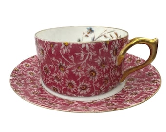 Tressemanes & Vogt Pink Daisy Floral Teacup(4) and Saucer (2)Gold Gilded Handle