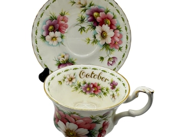 Taza y platillo Royal Albert October Cosmos Flor del Mes Porcelana fina Inglaterra