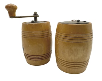 Vintage Made in Italy Wood Barrel Salt Shaker and Pepper Mill Grinder Set