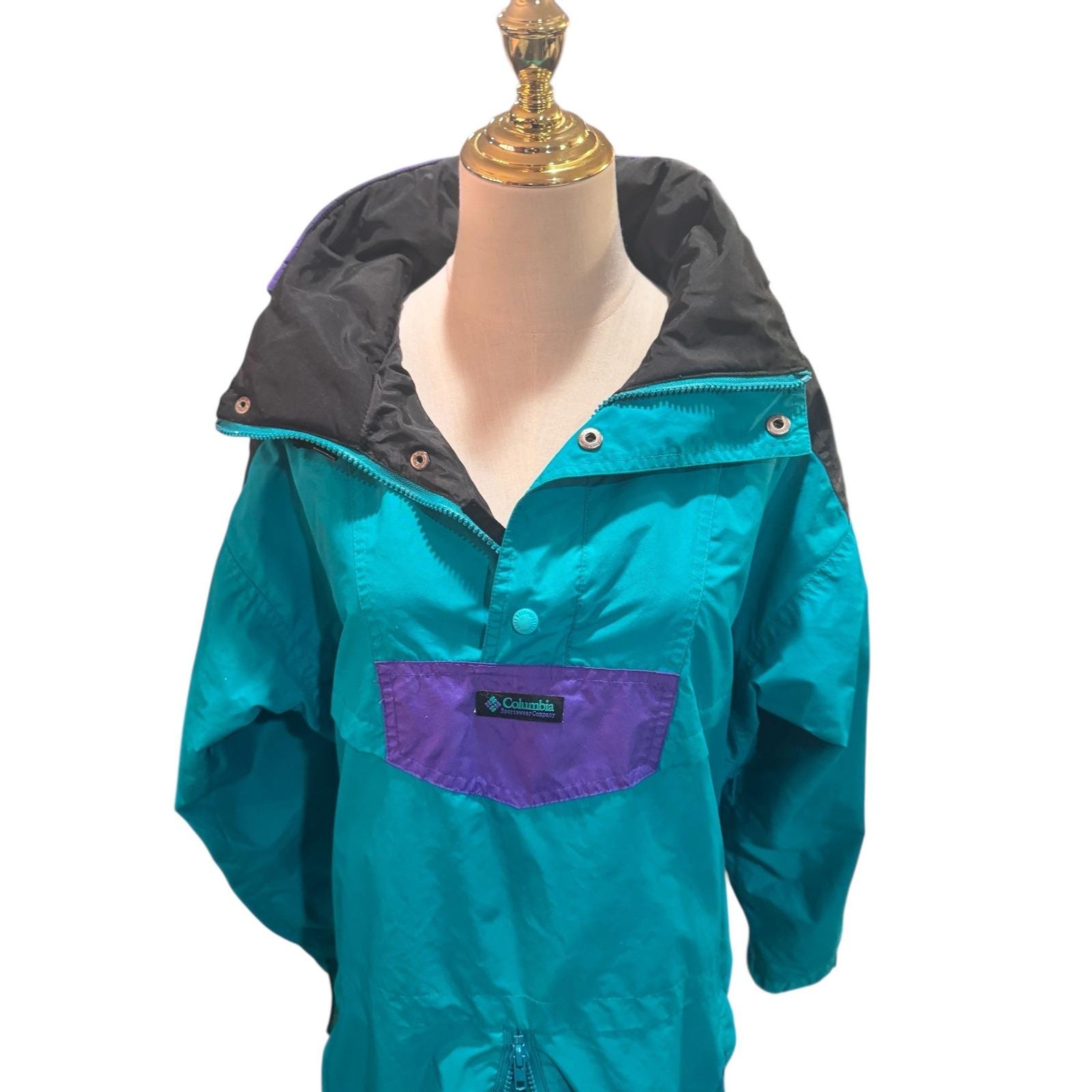 Columbia Colorblock Anorak Jacket Teal Purple Black Hood Pullover