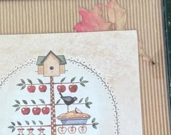 Cosecha de manzanas, arte popular, enmarcado, verde, 1997, rústico, Sandi Gore Evans, vintage