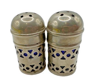ヴィンテージ EPNS イギリス製 コバルトブルーガラス製 ソルト＆ペッパーシェーカーセット