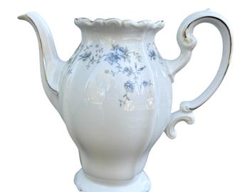 Tetera Johann Haviland Blue Garland con borde dorado festoneado, estilo shabby chic cottagecore.