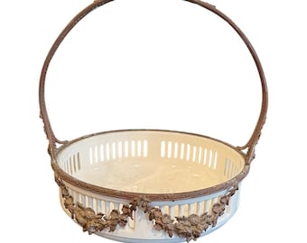 Waechtersbach Germany Antique Reticulated Ceramic Basket Bronze Floral Mounts