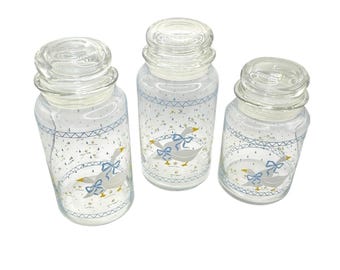 Vintage Country Goose Glass Canister Set of 3 Blue Bow Raindrops Farmhouse Decor