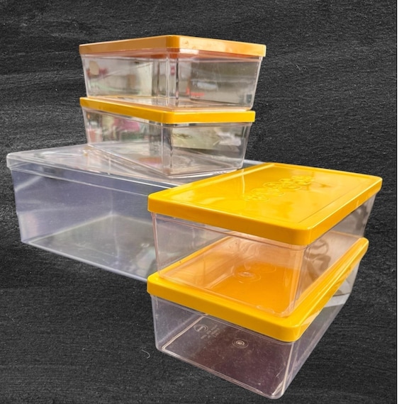 アンティークWIL-HOLDプラスチックスツールボックス Wil-hold Clear Storage Boxes Yellow Lids Stackable Vintage Retro