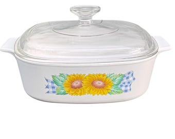 CorningWare Sunflower Blue Gingham Casserole Dish with Pyrex A9C Lid Vintage