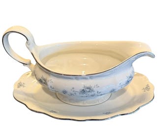 Salsera Johann Haviland Blue Garland con plato inferior, estilo vintage de Baviera, Alemania.