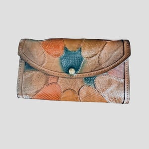 Vintage Brasil Patchwork Snakeskin Leather Clutch Wallet Brown Teal Tan Multi