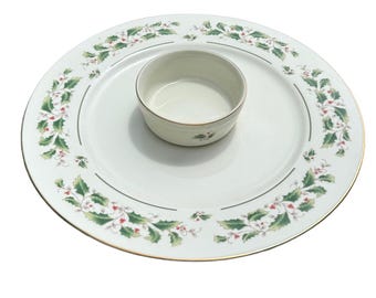 Fine China Japan Christmas Holly Berry Chip and Dip-servis med guldkant, 1 st