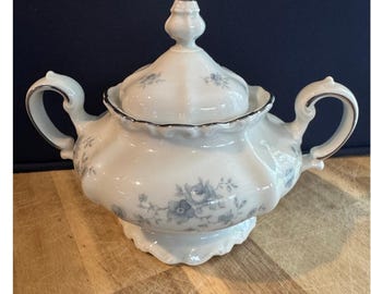 Vintage Johann Haviland Blue Floral Porcelain Covered Sugar Bowl Scalloped Edge