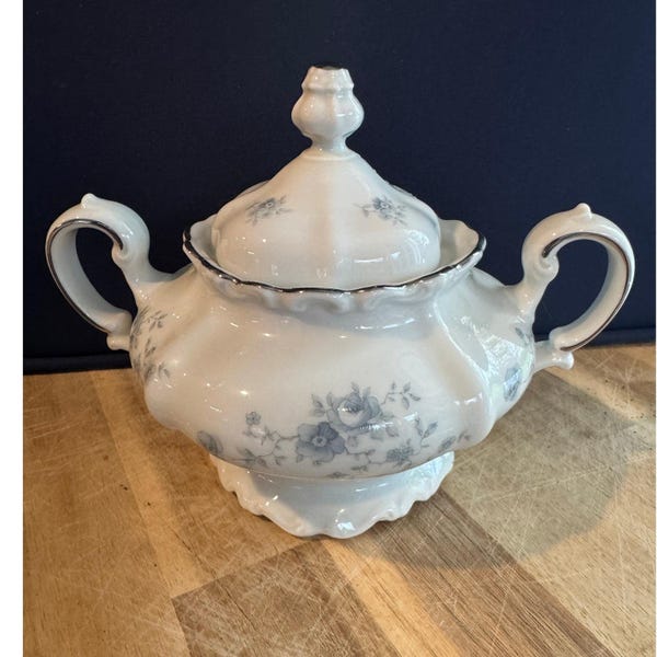 Vintage Johann Haviland Blue Floral Porcelain Covered Sugar Bowl Scalloped Edge