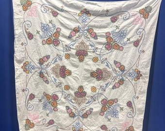 ヴィンテージ手刺繍クロスステッチ花柄リネンテーブルクロス ホワイト 45x47