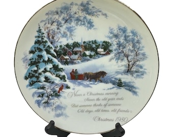 Plato de porcelana conmemorativo de Navidad de American Greetings 1980, diseño de trineo invernal, 8 pulgadas.