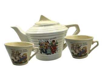 Vintage Goldlöckchen und drei Bären Tee-Set Teekanne und 2 Tassen Bienenstock gerippt 40er Jahre