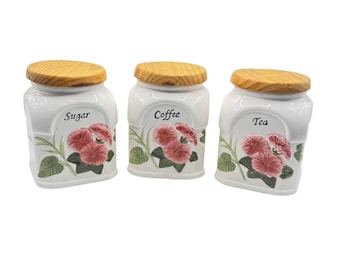 Vintage bloemen keramische pot set 3-delig thee koffie suiker wit roze houten deksels