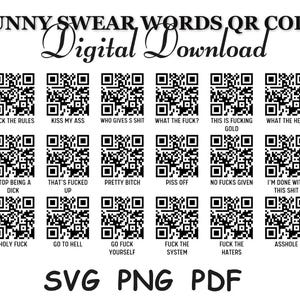 Op de afbeelding: Een digitale downloadafbeelding met de tekst "FUNNY SWEAR WORDS QR CODE" en "Digital Download". De afbeelding bevat meerdere QR-codes, elk gekoppeld aan een scheldwoord of zin. Formaten: SVG, PNG en PDF.