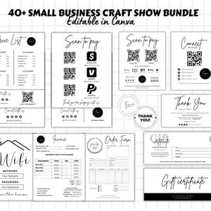 Peut inclure: Ensemble de modèles imprimables en noir et blanc pour petites entreprises, comprenant des listes de prix, des panneaux "Scan to Pay", des cartes de remerciement et un panneau Wi-Fi. Le texte "40+ SMALL BUSINESS CRAFT SHOW BUNDLE" est en haut.
