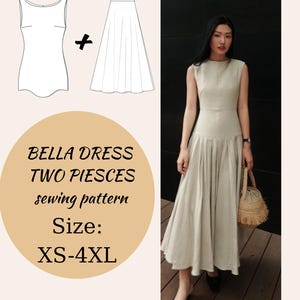 Puede incluir: Imagen de un patrón de costura de vestido Bella beige. La imagen incluye un diagrama del vestido y la falda, y una foto de una persona que lleva el vestido. El texto de la imagen dice "BELLA DRESS TWO PIECES sewing pattern Size: XS-4XL Size A4-AO- Letter format."