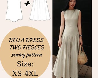 Patrón de vestido Bella: Top sin mangas estilo barco con falda semicircular fluida